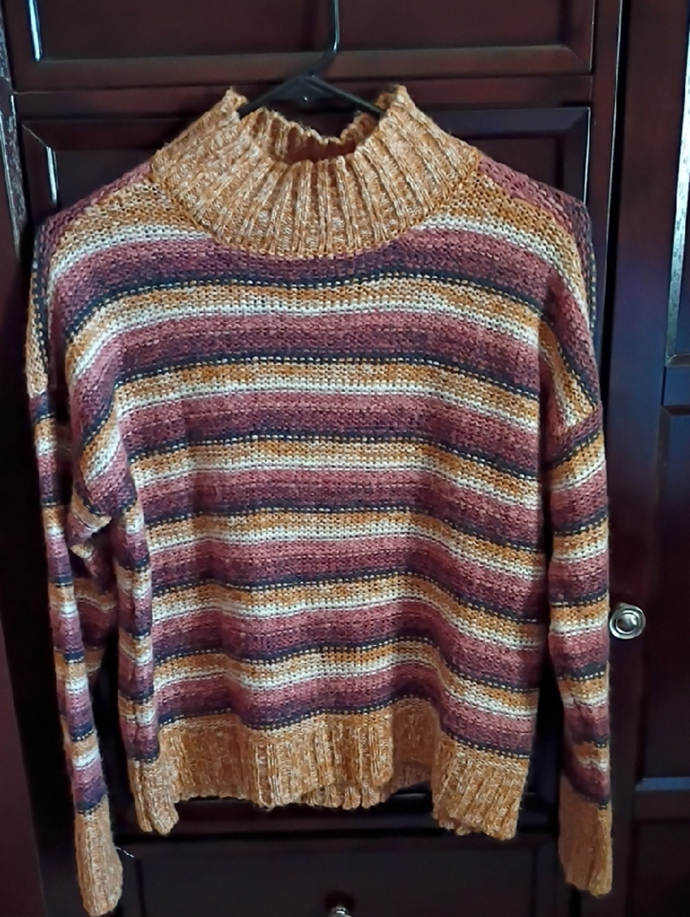 Pink Republic Striped Mock Neck Sweater - Rust, Gold, Cream, Charcoal